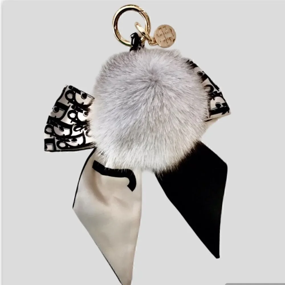 TORY BURCH KEY RING FOX FUR SILKY BOW